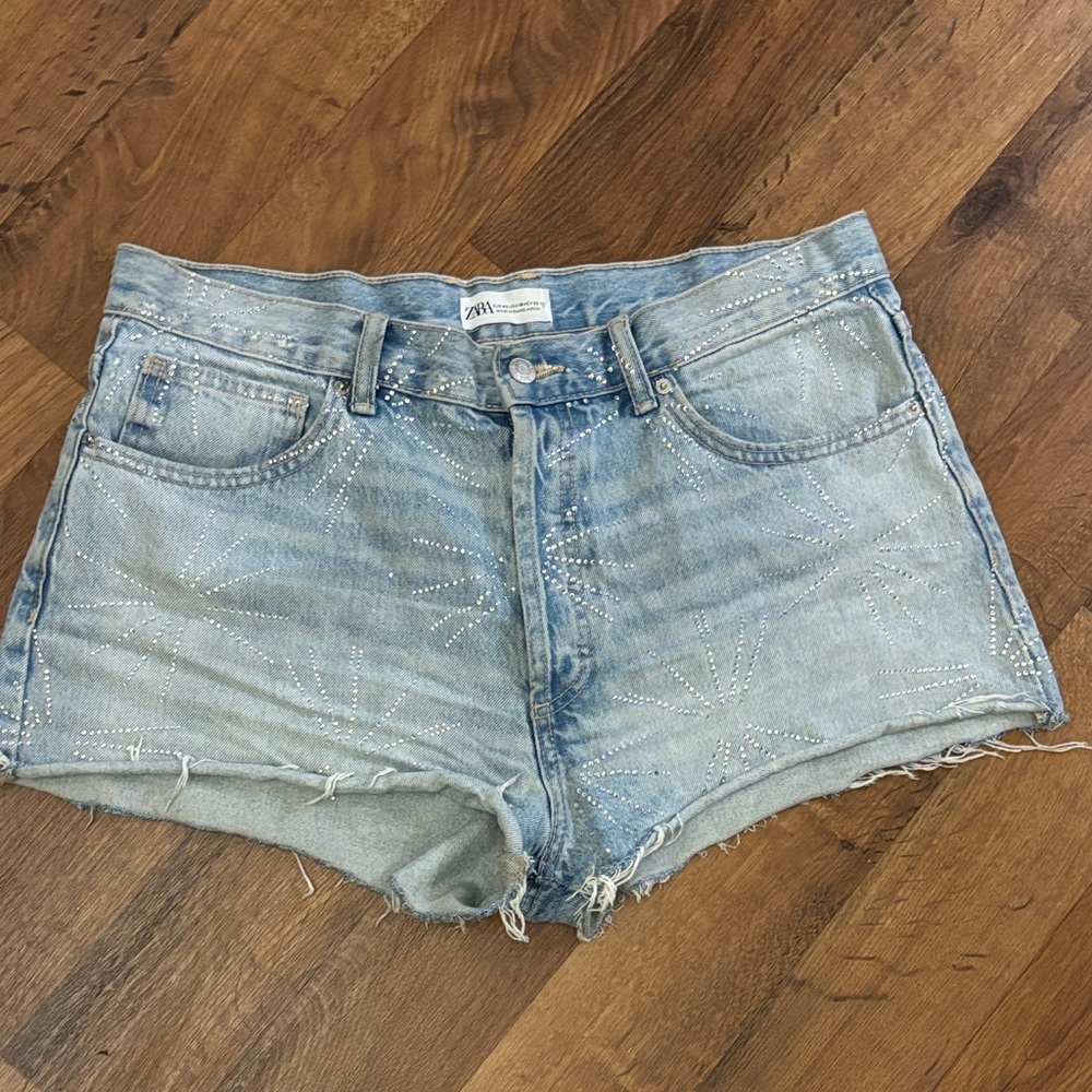 Zara Embellished Light Blue Jean Shorts